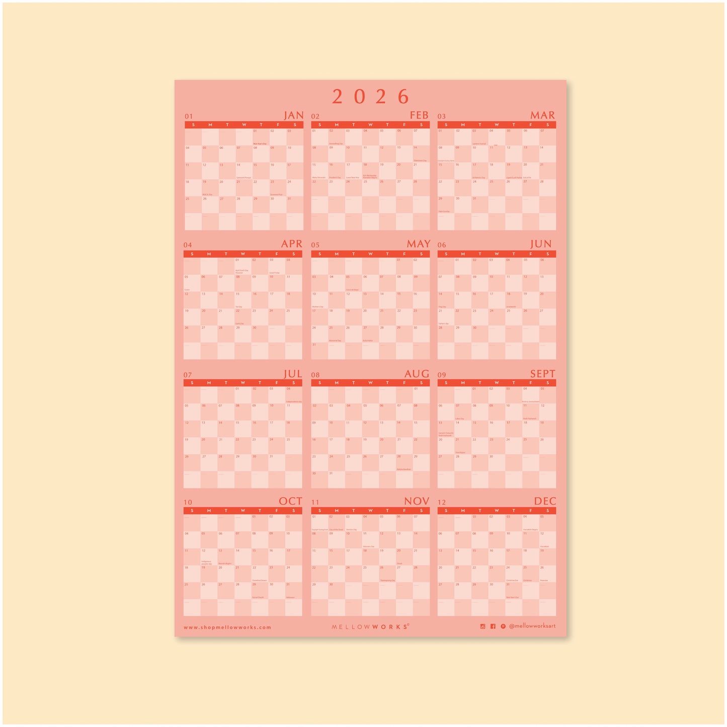 2026 WALL CALENDAR in Blush and Red Checkerboard