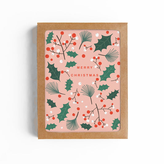 Winter Berries and Holly leaves Christmas Card -BOXED SET OF 8