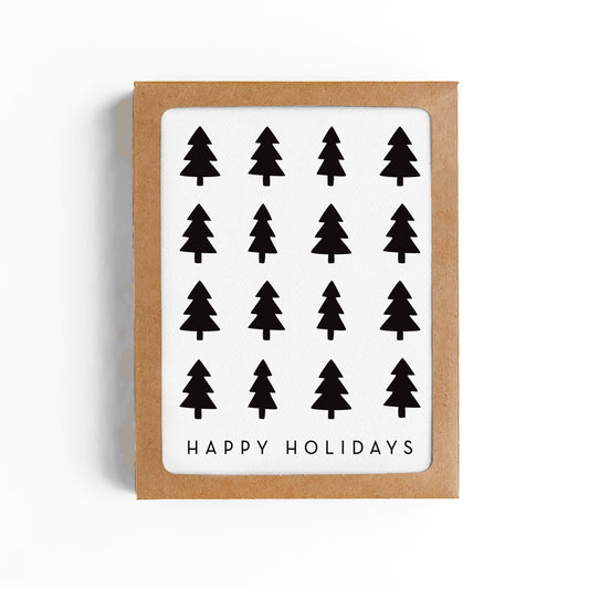 HAPPY HOLIDAYS CARD- B&W CHRISTMAS TREES-BOXED SET OF 8