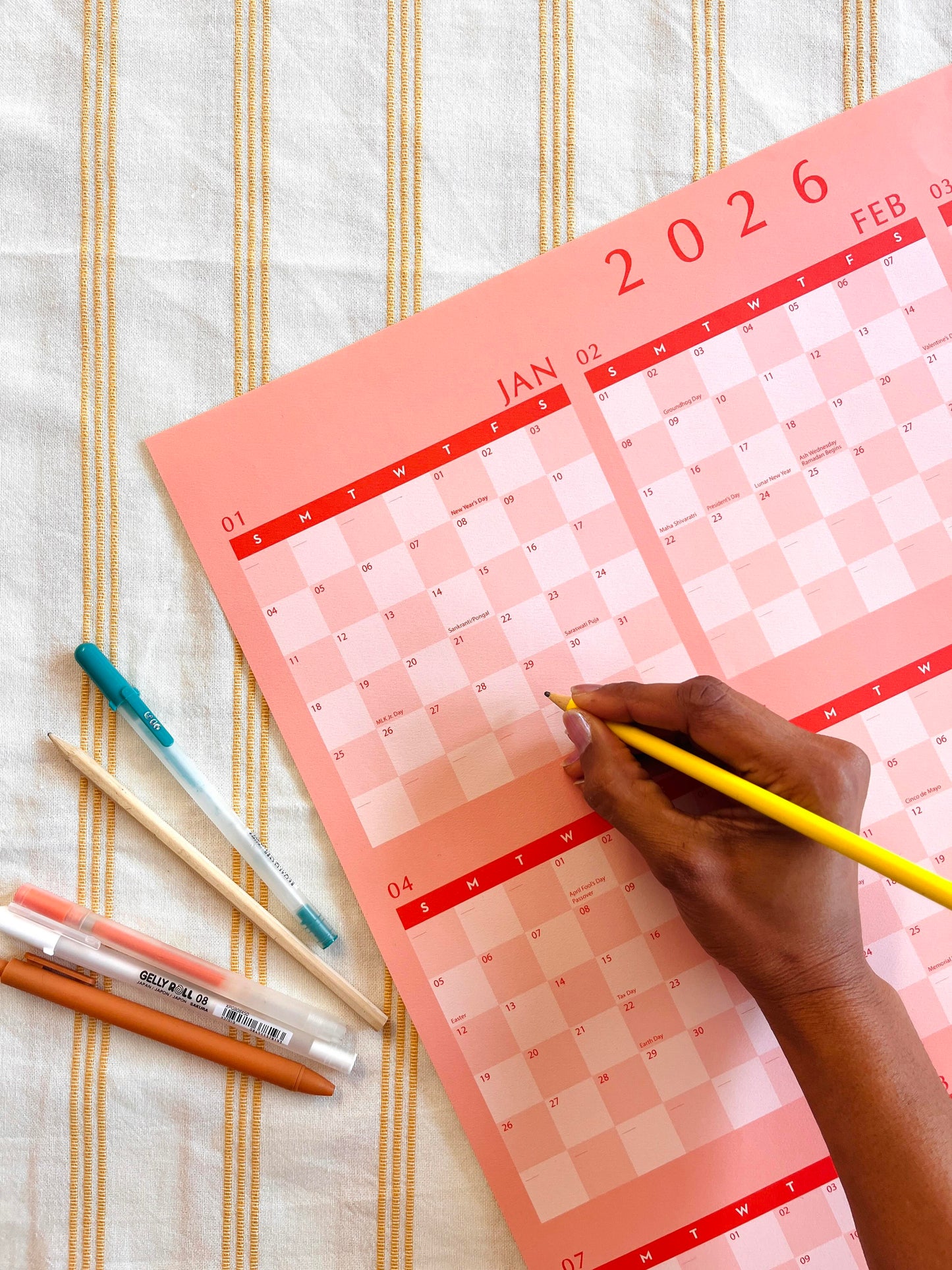 2026 WALL CALENDAR in Blush and Red Checkerboard