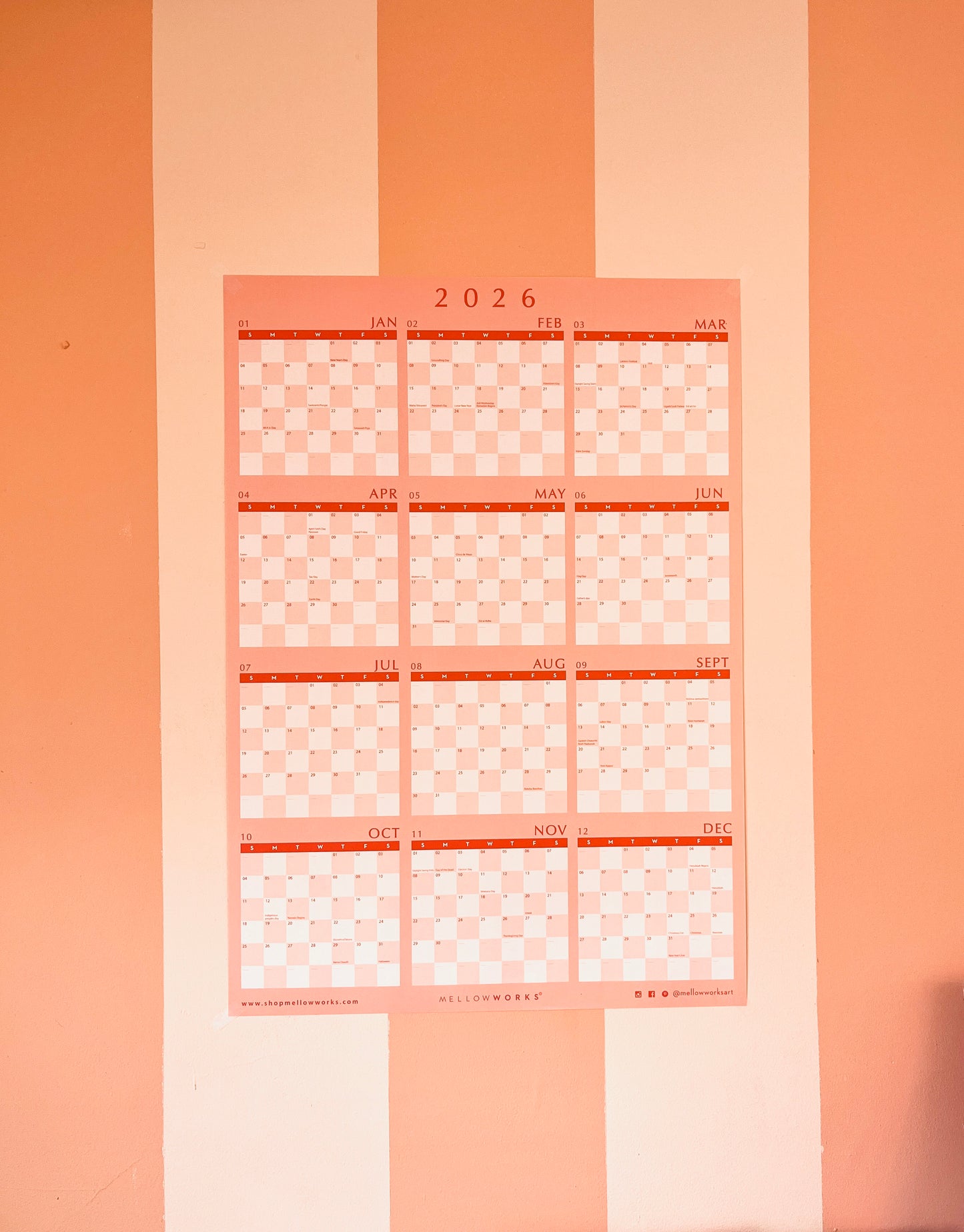 2026 WALL CALENDAR in Blush and Red Checkerboard